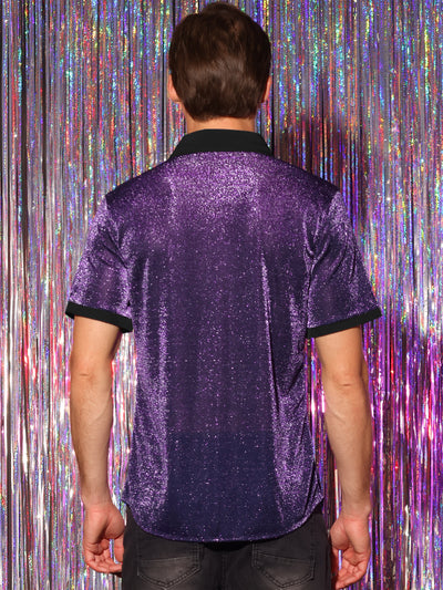 Men's Sheer Mesh See Through Short Sleeves Party Disco Shiny Metallic Shirts