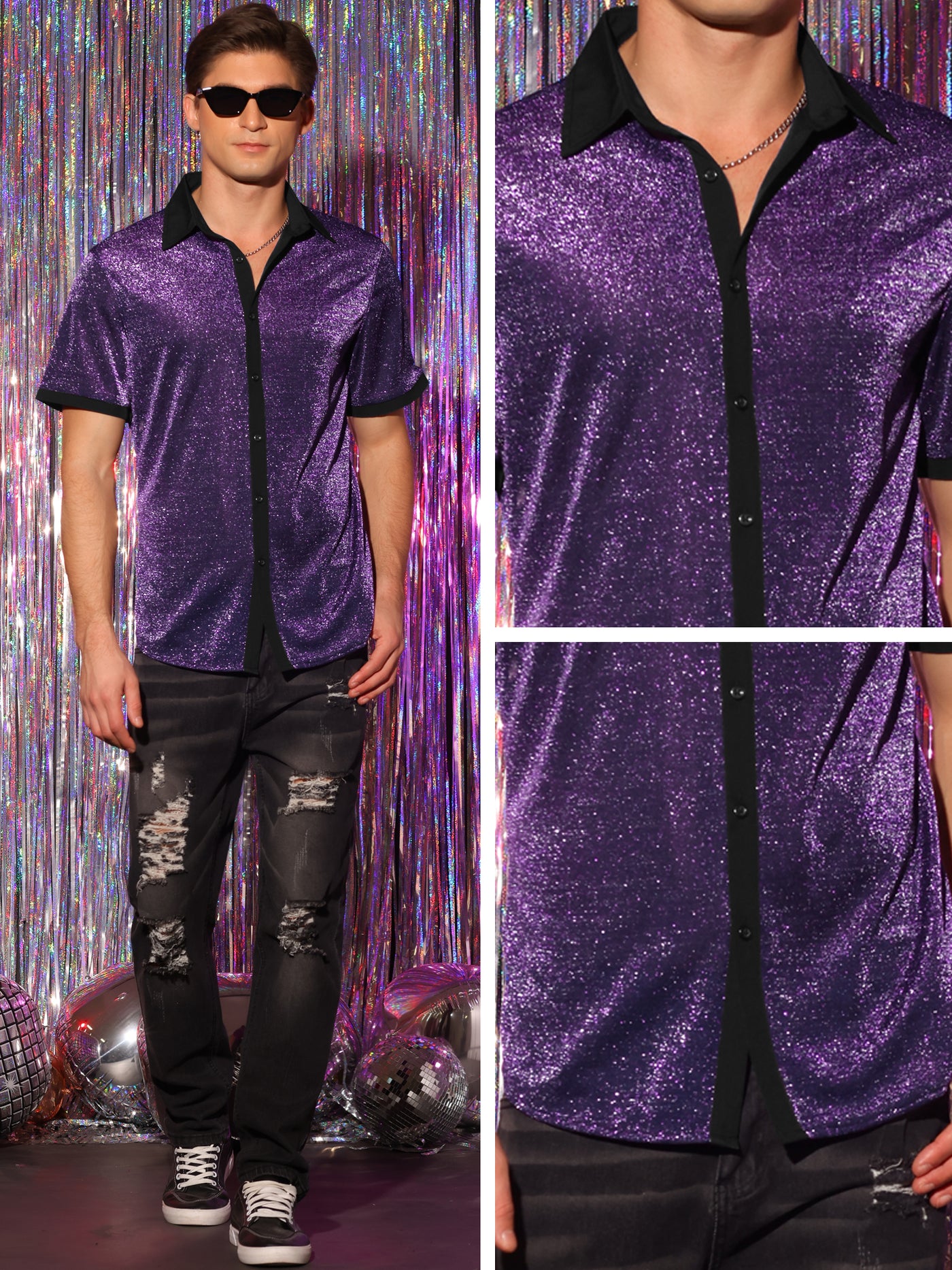 Bublédon Men's Sheer Mesh See Through Short Sleeves Party Disco Shiny Metallic Shirts