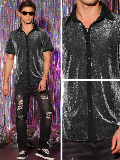 Men's Sheer Mesh See Through Short Sleeves Party Disco Shiny Metallic Shirts