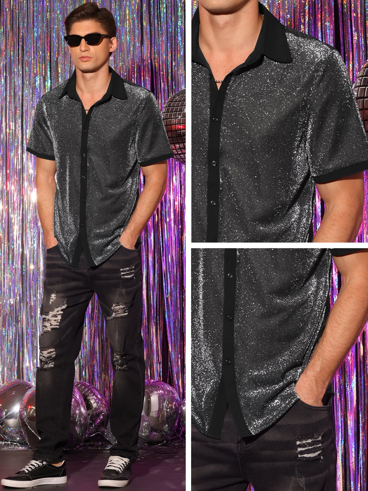 Bublédon Men's Sheer Mesh See Through Short Sleeves Party Disco Shiny Metallic Shirts