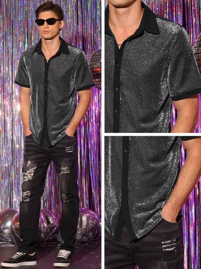 Men's Sheer Mesh See Through Short Sleeves Party Disco Shiny Metallic Shirts