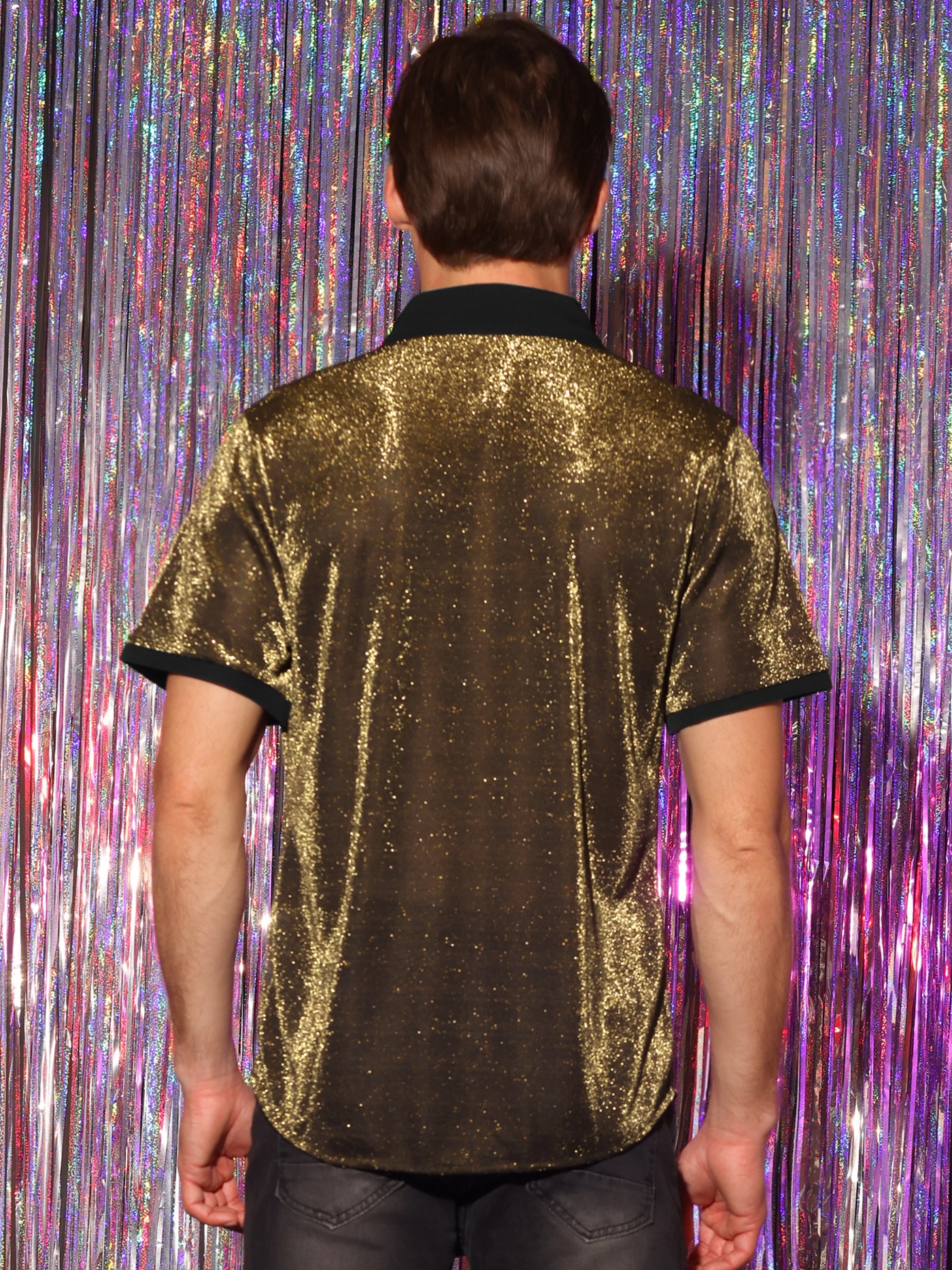 Bublédon Men's Sheer Mesh See Through Short Sleeves Party Disco Shiny Metallic Shirts