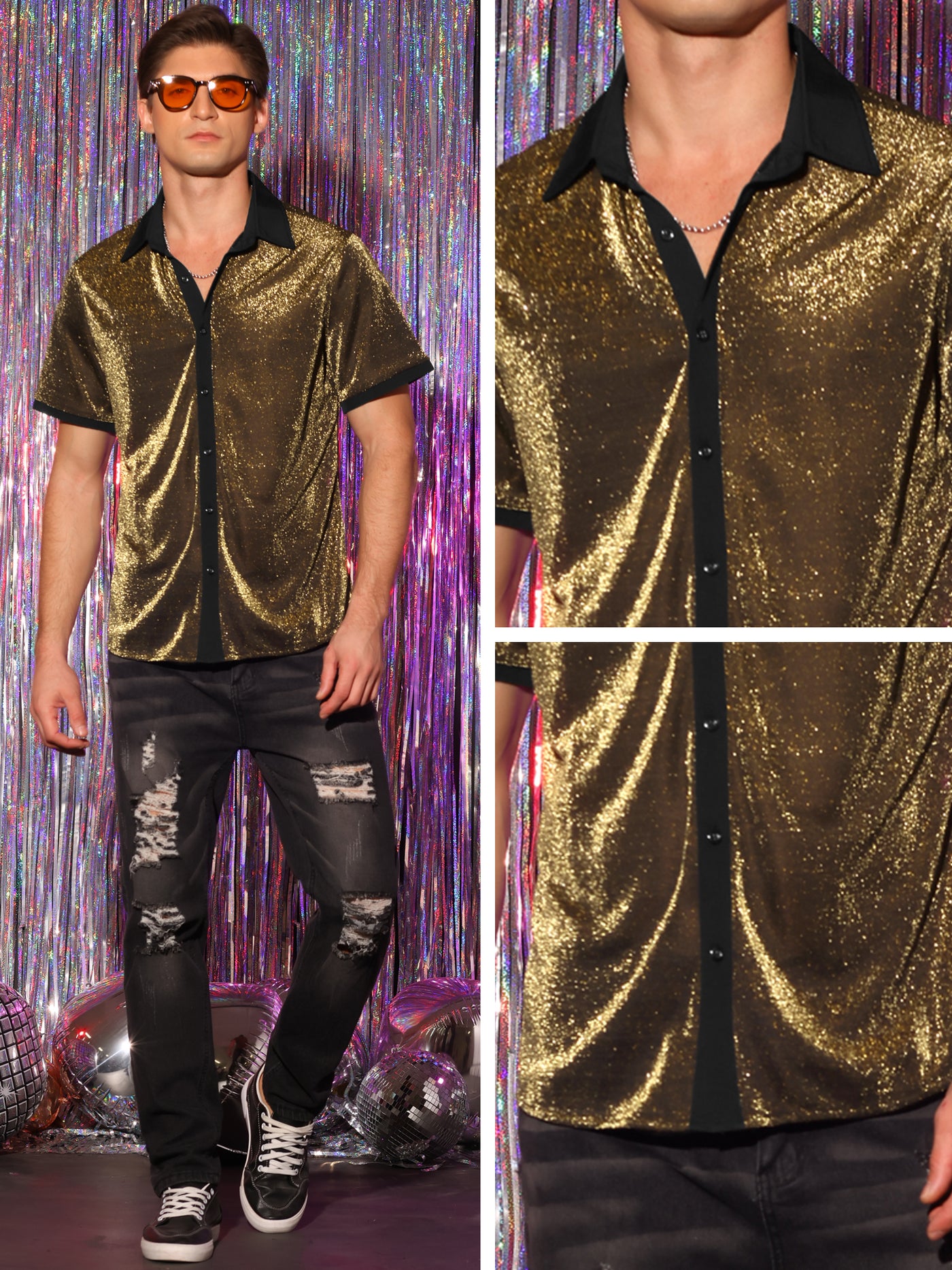 Bublédon Men's Sheer Mesh See Through Short Sleeves Party Disco Shiny Metallic Shirts