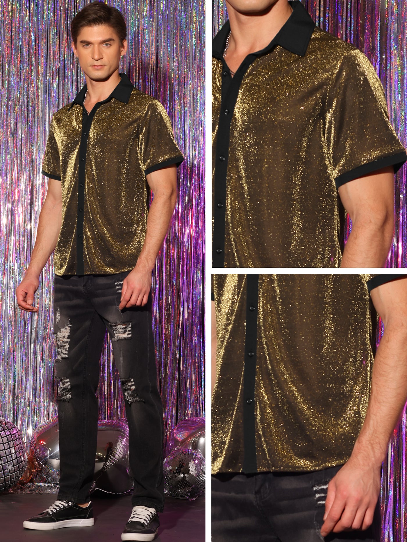 Bublédon Men's Sheer Mesh See Through Short Sleeves Party Disco Shiny Metallic Shirts