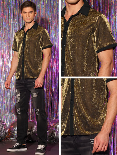 Men's Sheer Mesh See Through Short Sleeves Party Disco Shiny Metallic Shirts