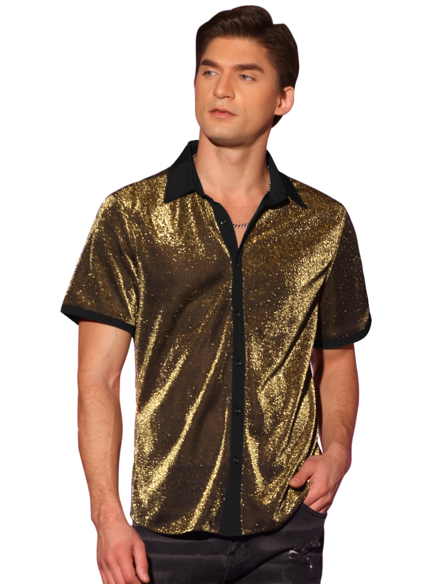 Bublédon Men's Sheer Mesh See Through Short Sleeves Party Disco Shiny Metallic Shirts