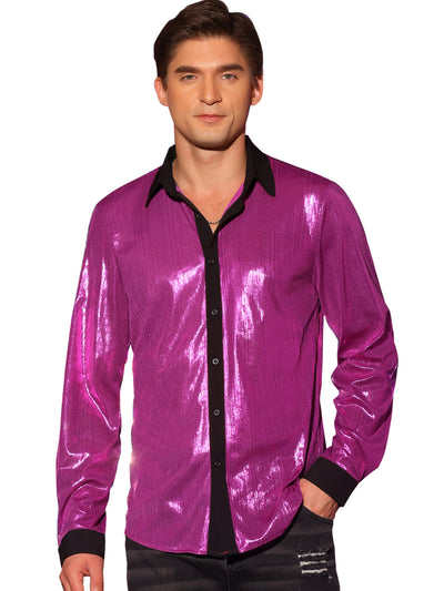 Men's Shiny Metallic Long Sleeves Button Party Disco Glitter Shirts