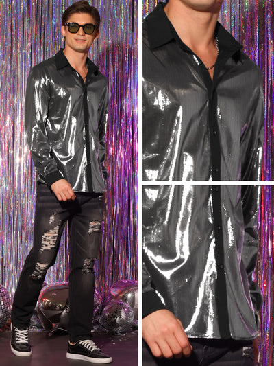 Men's Shiny Metallic Long Sleeves Button Party Disco Glitter Shirts