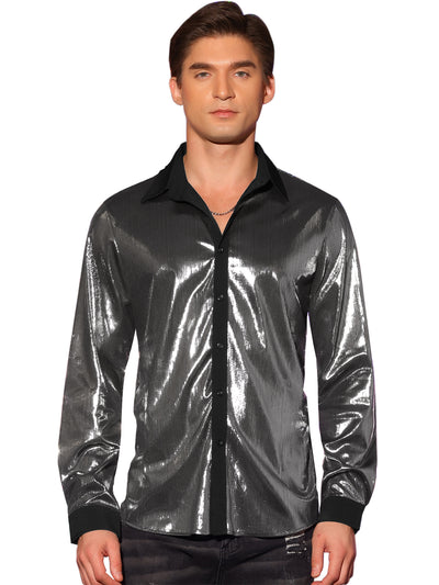 Men's Shiny Metallic Long Sleeves Button Party Disco Glitter Shirts