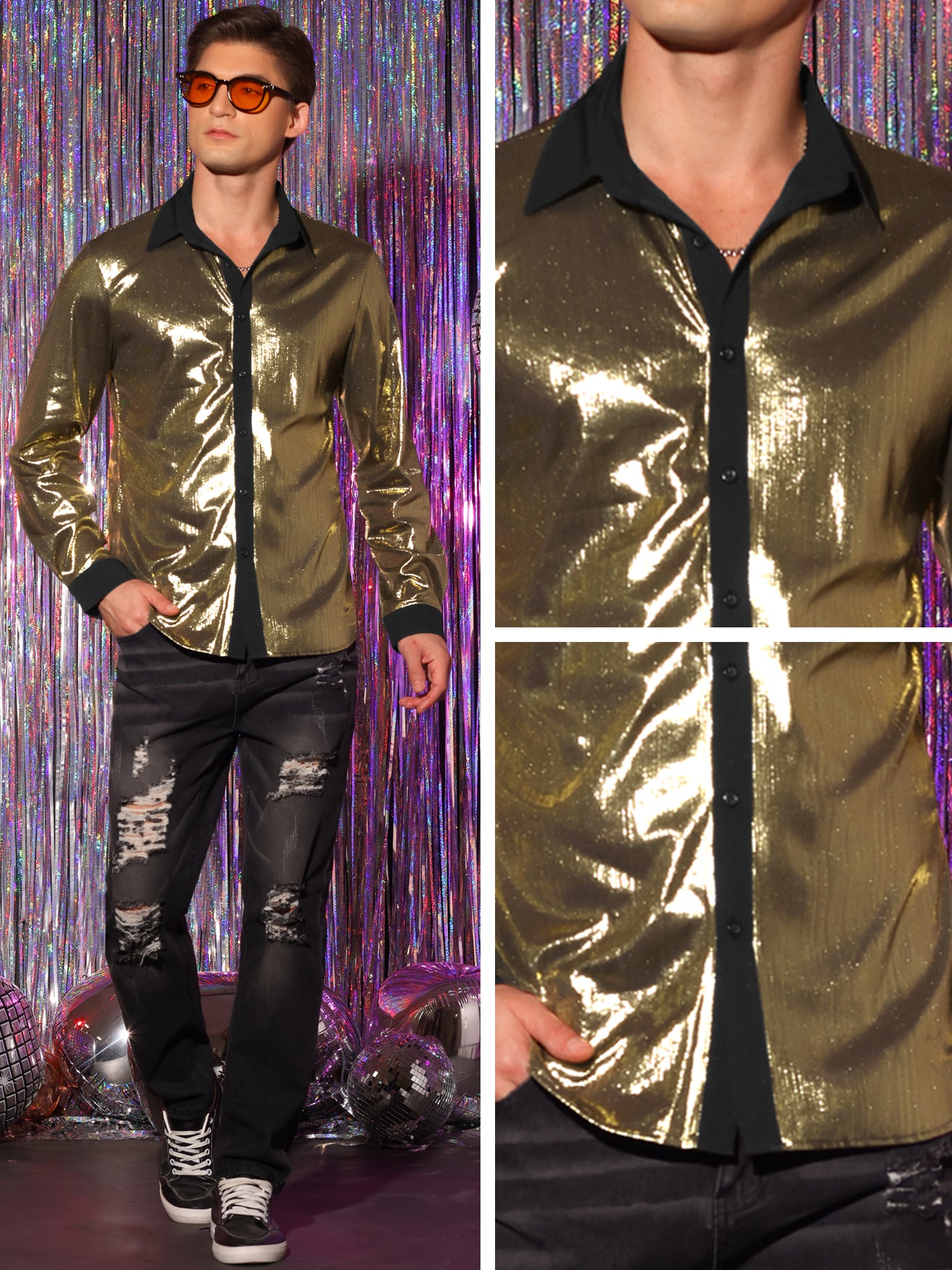 Bublédon Men's Shiny Metallic Long Sleeves Button Party Disco Glitter Shirts