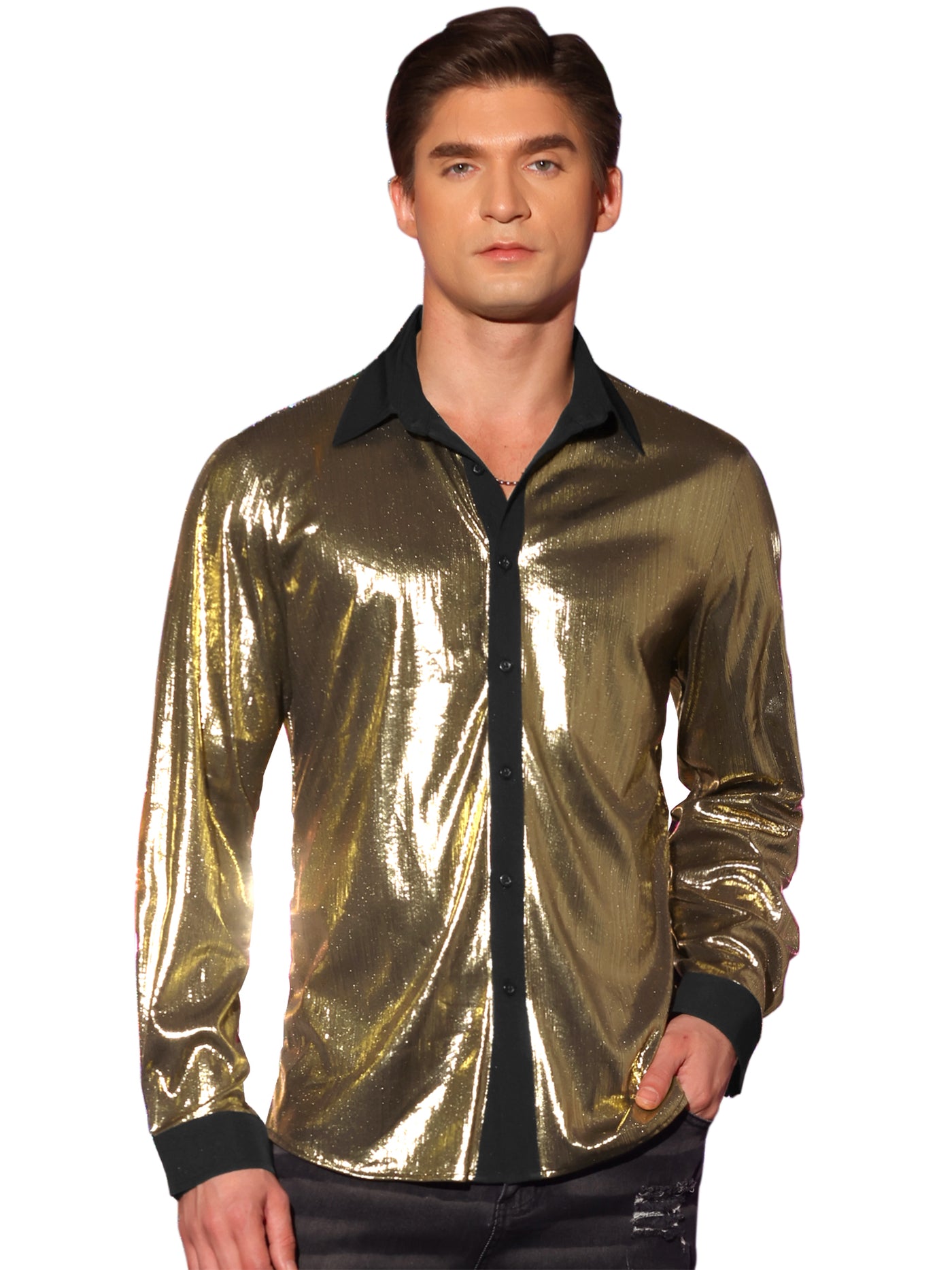 Bublédon Men's Shiny Metallic Long Sleeves Button Party Disco Glitter Shirts