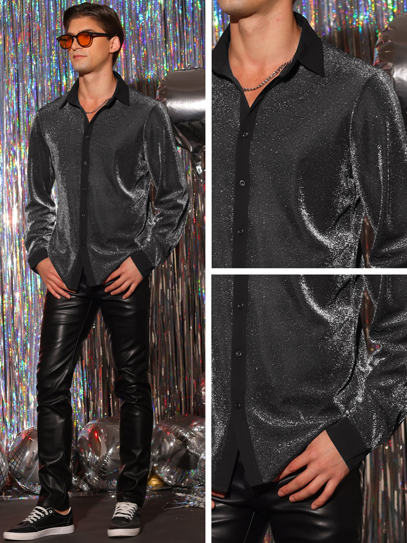 Bublédon Sparkle Dress Shirts for Men's Long Sleeves Party Shining Texture Shirt