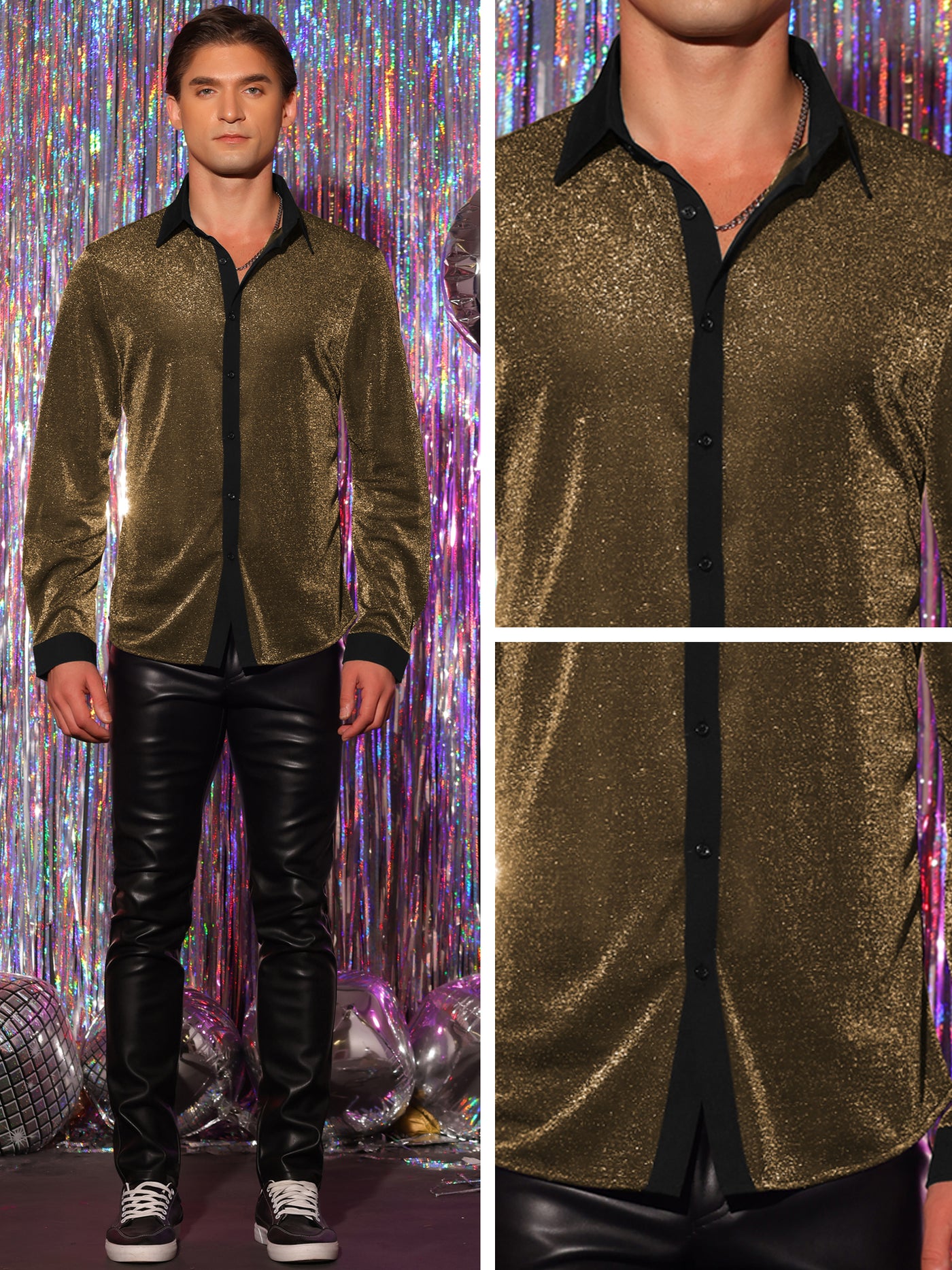 Bublédon Sparkle Dress Shirts for Men's Long Sleeves Party Shining Texture Shirt