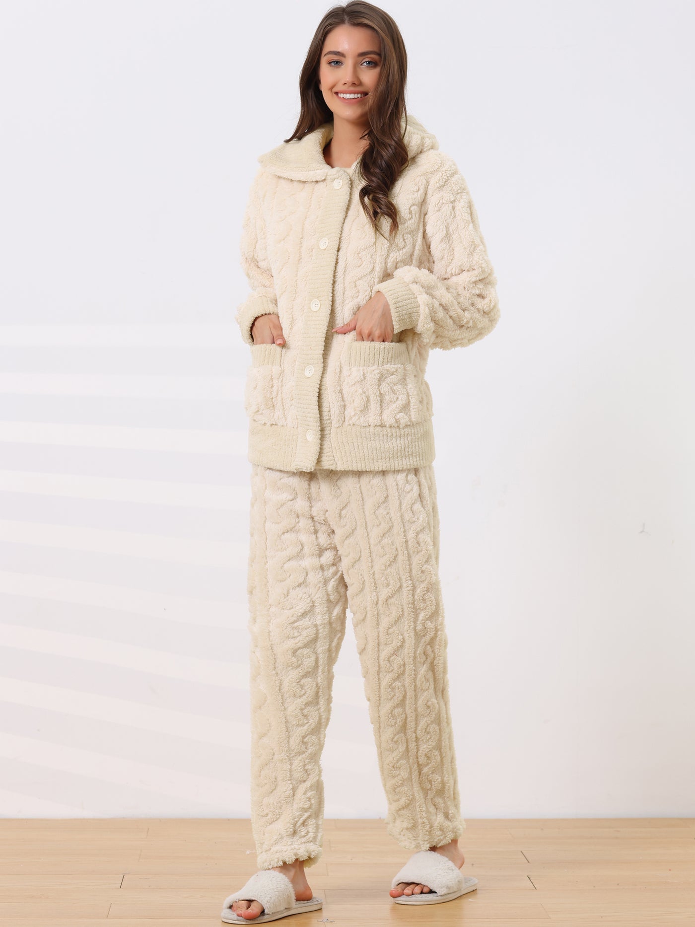 Bublédon Womens Fluffy Fleece Pajama Set Soft Warm Pockets Button Down Long Sleeve Sleepwear