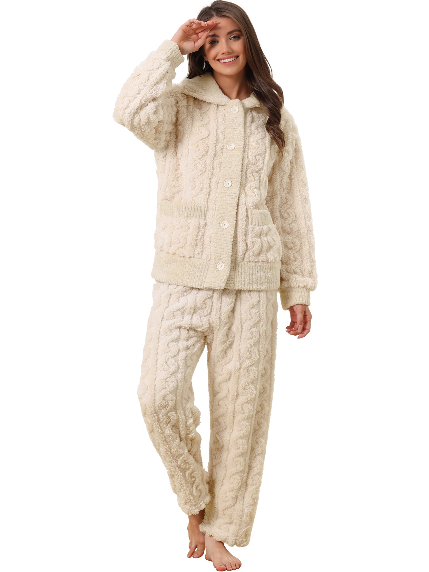 Bublédon Womens Fluffy Fleece Pajama Set Soft Warm Pockets Button Down Long Sleeve Sleepwear