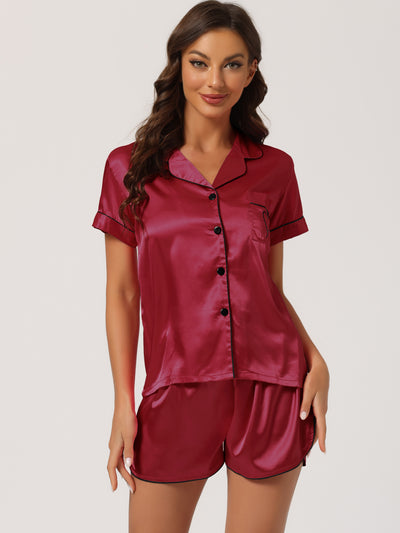 Women's Pajama Loungewear Short Sleeves Button Down Satin Pj Sets