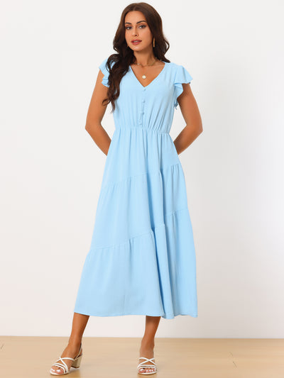 Women's Flutter Short Sleeve Tiered Maxi Dresses V Neck Elastic Waist Ruffle a Line Long Dress