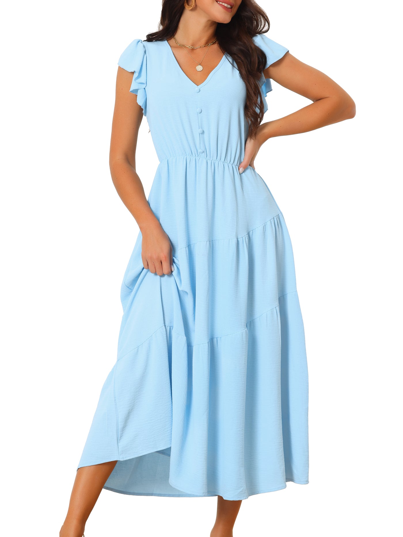 Bublédon Women's Flutter Short Sleeve Tiered Maxi Dresses V Neck Elastic Waist Ruffle a Line Long Dress