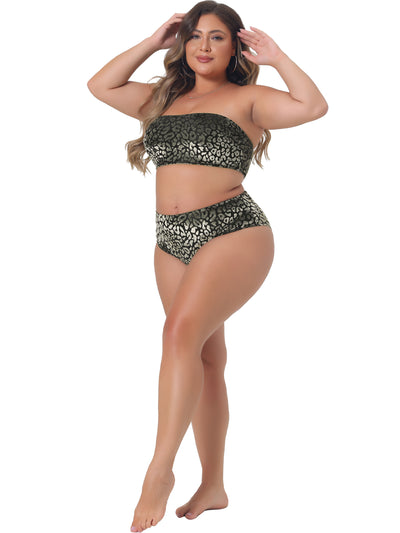 Plus Size 2 Piece Bandeau Bikini for Women Velvet Leopard Swimsuit High Waisted Bathing Suits