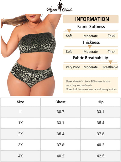 Plus Size 2 Piece Bandeau Bikini for Women Velvet Leopard Swimsuit High Waisted Bathing Suits