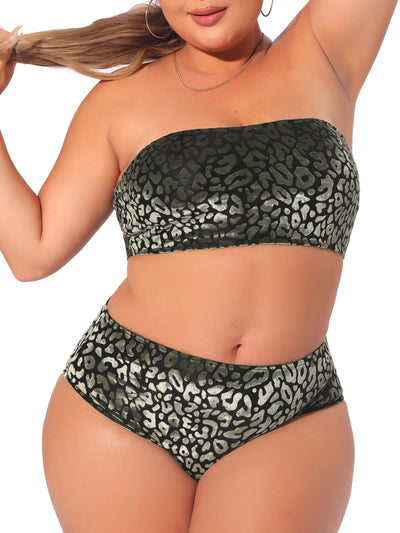 Plus Size 2 Piece Bandeau Bikini for Women Velvet Leopard Swimsuit High Waisted Bathing Suits