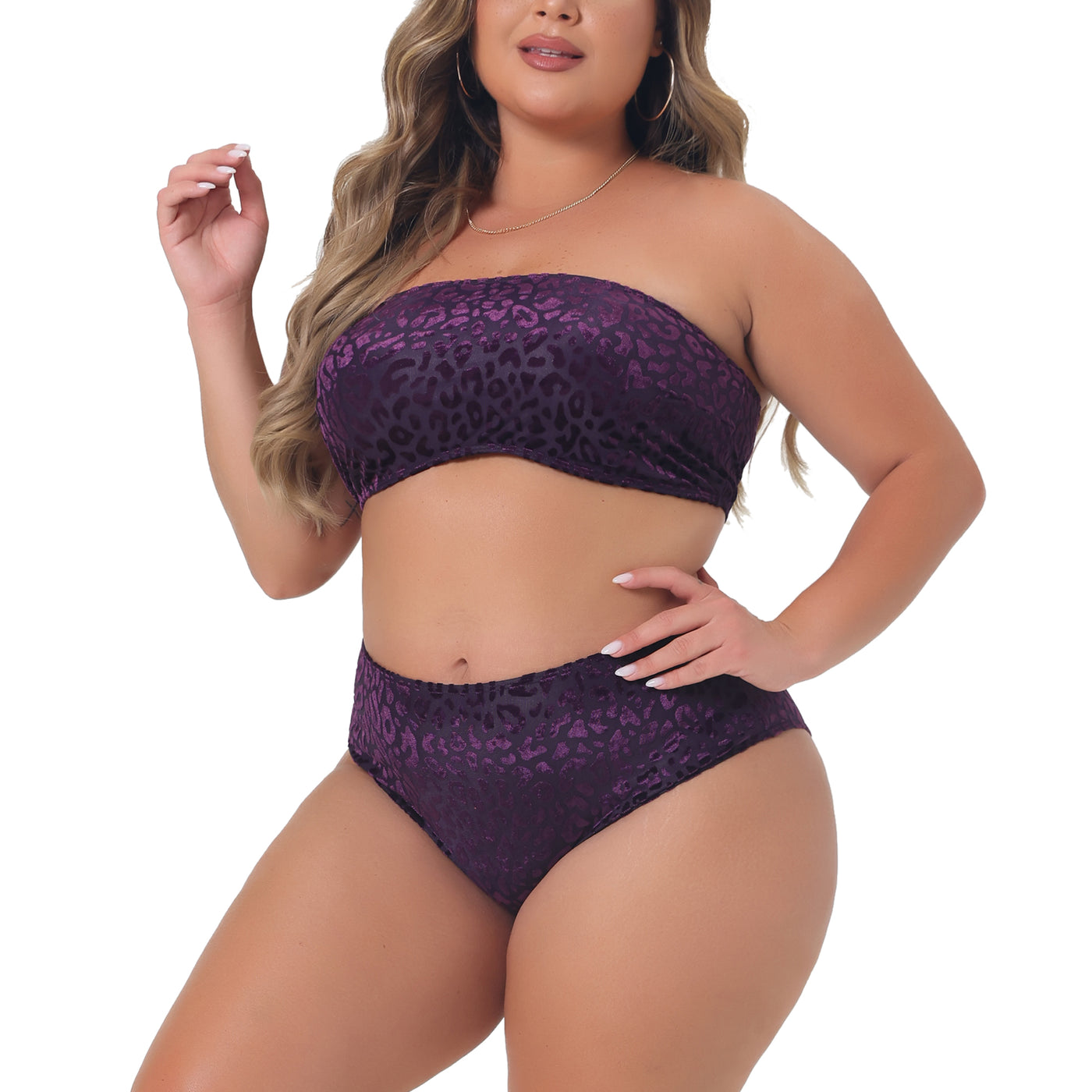 Bublédon Plus Size 2 Piece Bandeau Bikini for Women Velvet Leopard Swimsuit High Waisted Bathing Suits