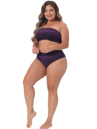 Plus Size 2 Piece Bandeau Bikini for Women Velvet Leopard Swimsuit High Waisted Bathing Suits