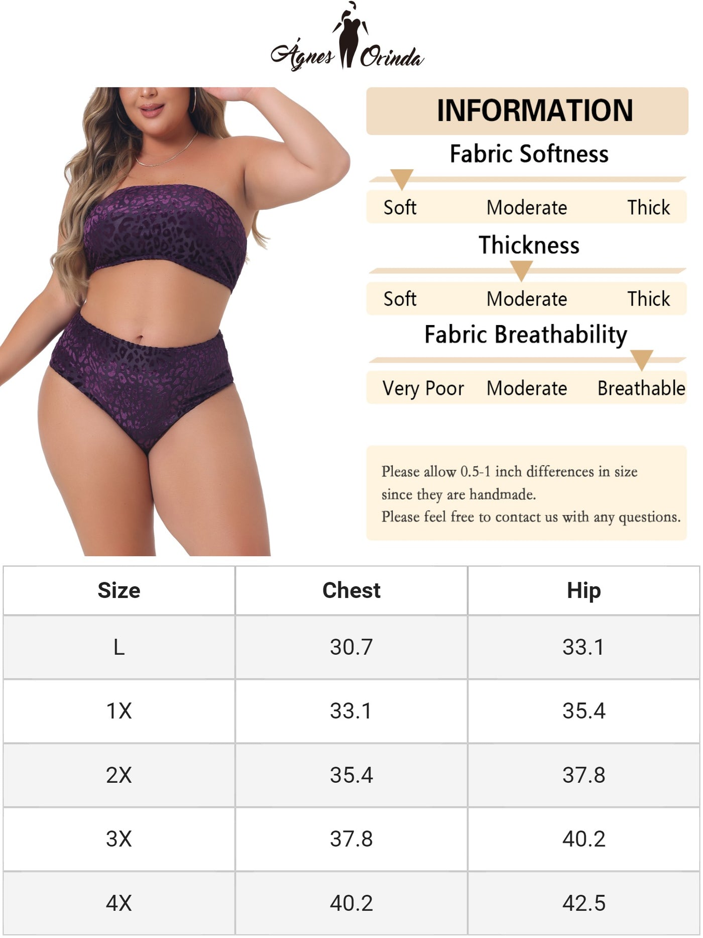 Bublédon Plus Size 2 Piece Bandeau Bikini for Women Velvet Leopard Swimsuit High Waisted Bathing Suits