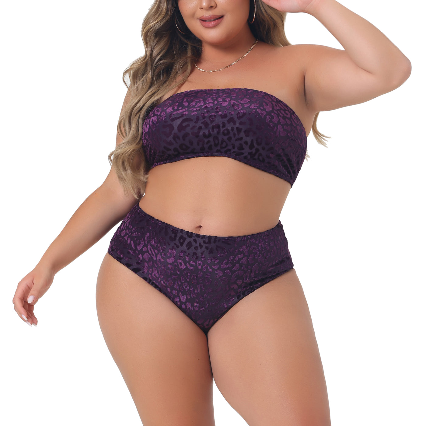 Bublédon Plus Size 2 Piece Bandeau Bikini for Women Velvet Leopard Swimsuit High Waisted Bathing Suits