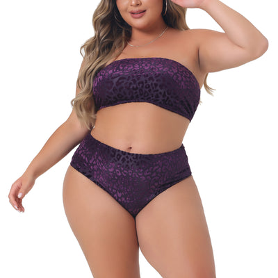 Plus Size 2 Piece Bandeau Bikini for Women Velvet Leopard Swimsuit High Waisted Bathing Suits