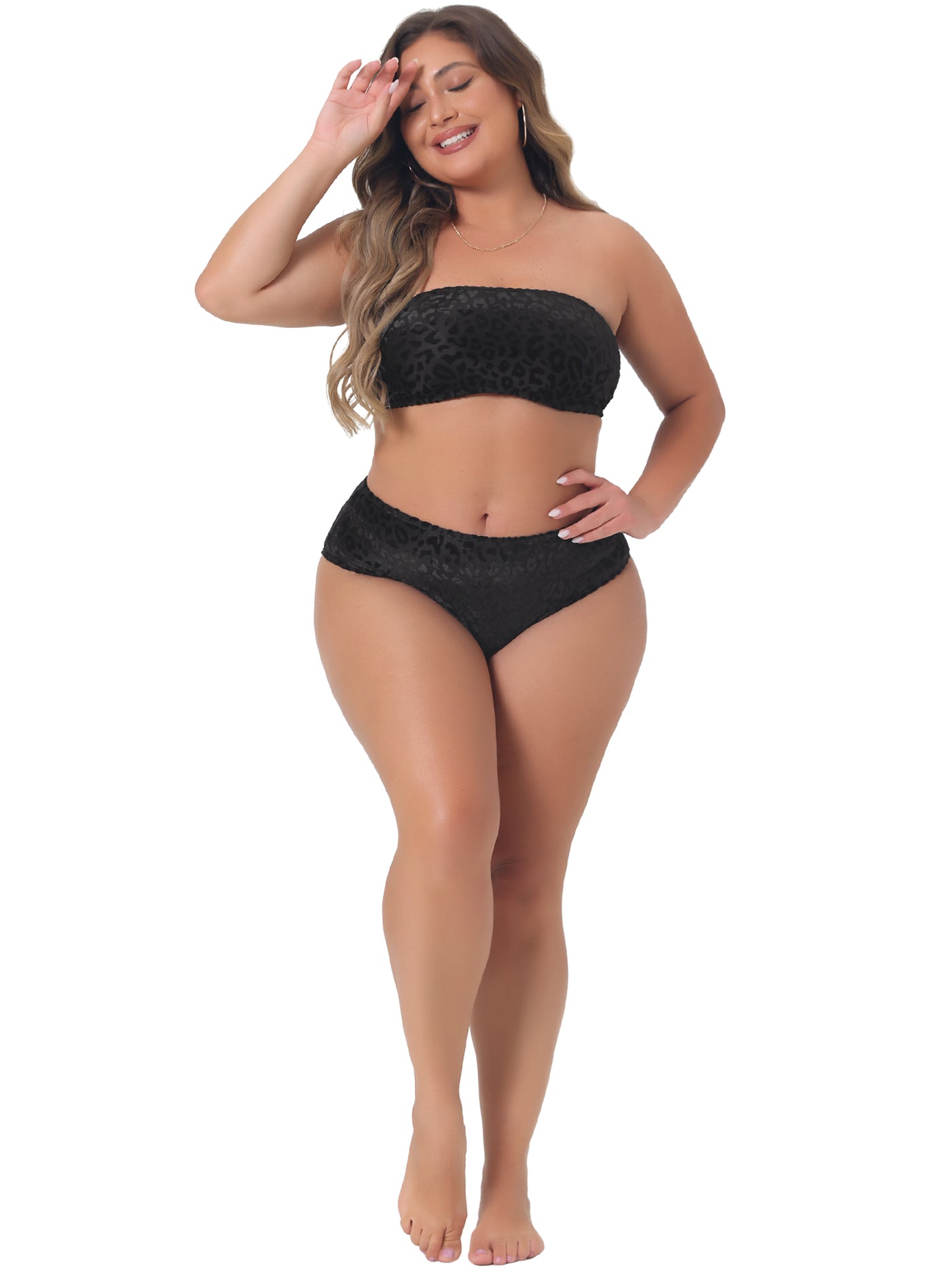 Bublédon Plus Size 2 Piece Bandeau Bikini for Women Velvet Leopard Swimsuit High Waisted Bathing Suits