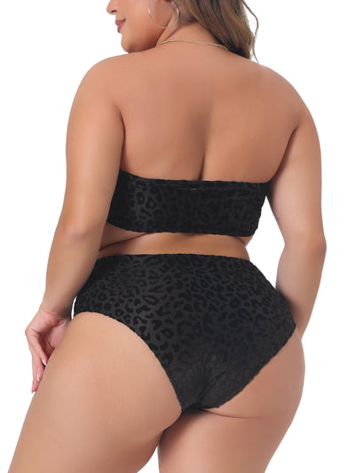 Plus Size 2 Piece Bandeau Bikini for Women Velvet Leopard Swimsuit High Waisted Bathing Suits