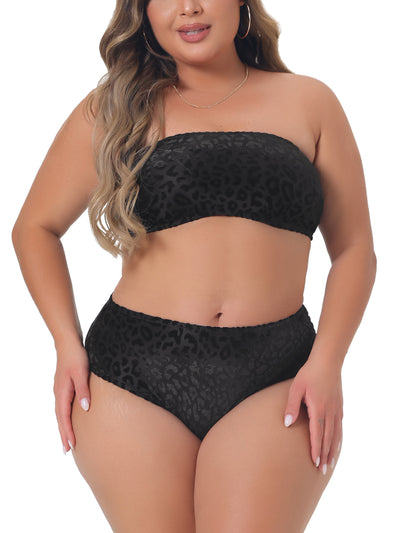 Plus Size 2 Piece Bandeau Bikini for Women Velvet Leopard Swimsuit High Waisted Bathing Suits