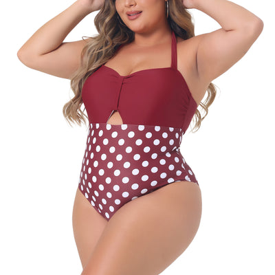 Plus Size One Piece Swimsuits for Women Polka Dots Knot Bust High Waisted Tummy Control Bathing Suits Swimwear