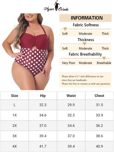 Plus Size One Piece Swimsuits for Women Polka Dots Knot Bust High Waisted Tummy Control Bathing Suits Swimwear