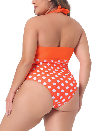 Plus Size One Piece Swimsuits for Women Polka Dots Knot Bust High Waisted Tummy Control Bathing Suits Swimwear