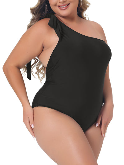 Plus Size One-Piece Backless Swimsuit One Shoulder Knot Bathing Suit Tummy Control Swimwear