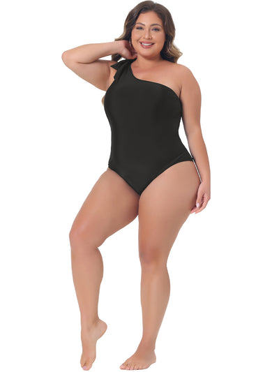 Bublédon Plus Size One-Piece Backless Swimsuit One Shoulder Knot Bathing Suit Tummy Control Swimwear