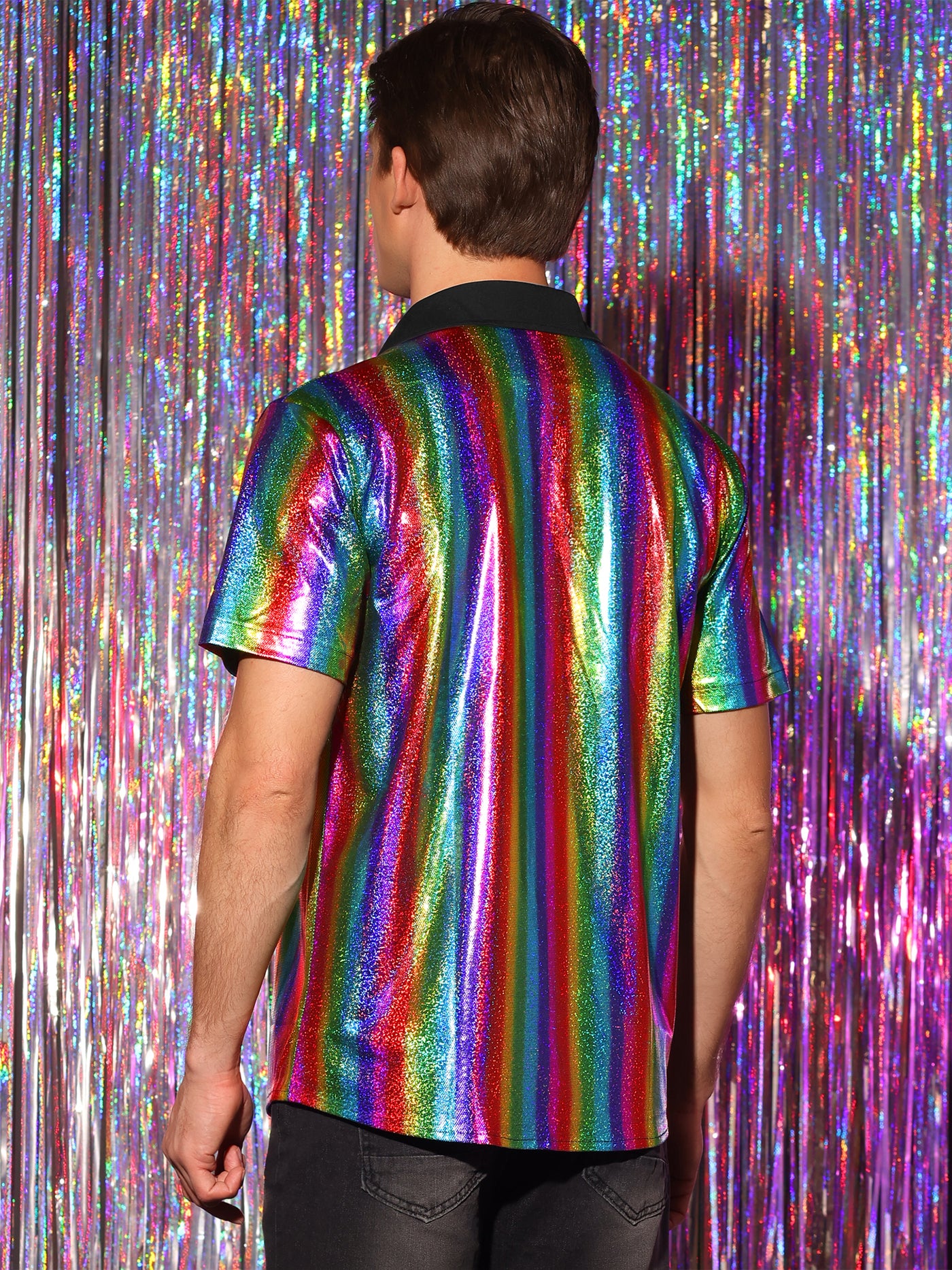 Bublédon Shiny Metallic Short Sleeves Button Down Party Disco Shirts