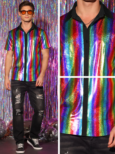 Shiny Metallic Short Sleeves Button Down Party Disco Shirts