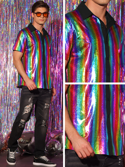 Shiny Metallic Short Sleeves Button Down Party Disco Shirts