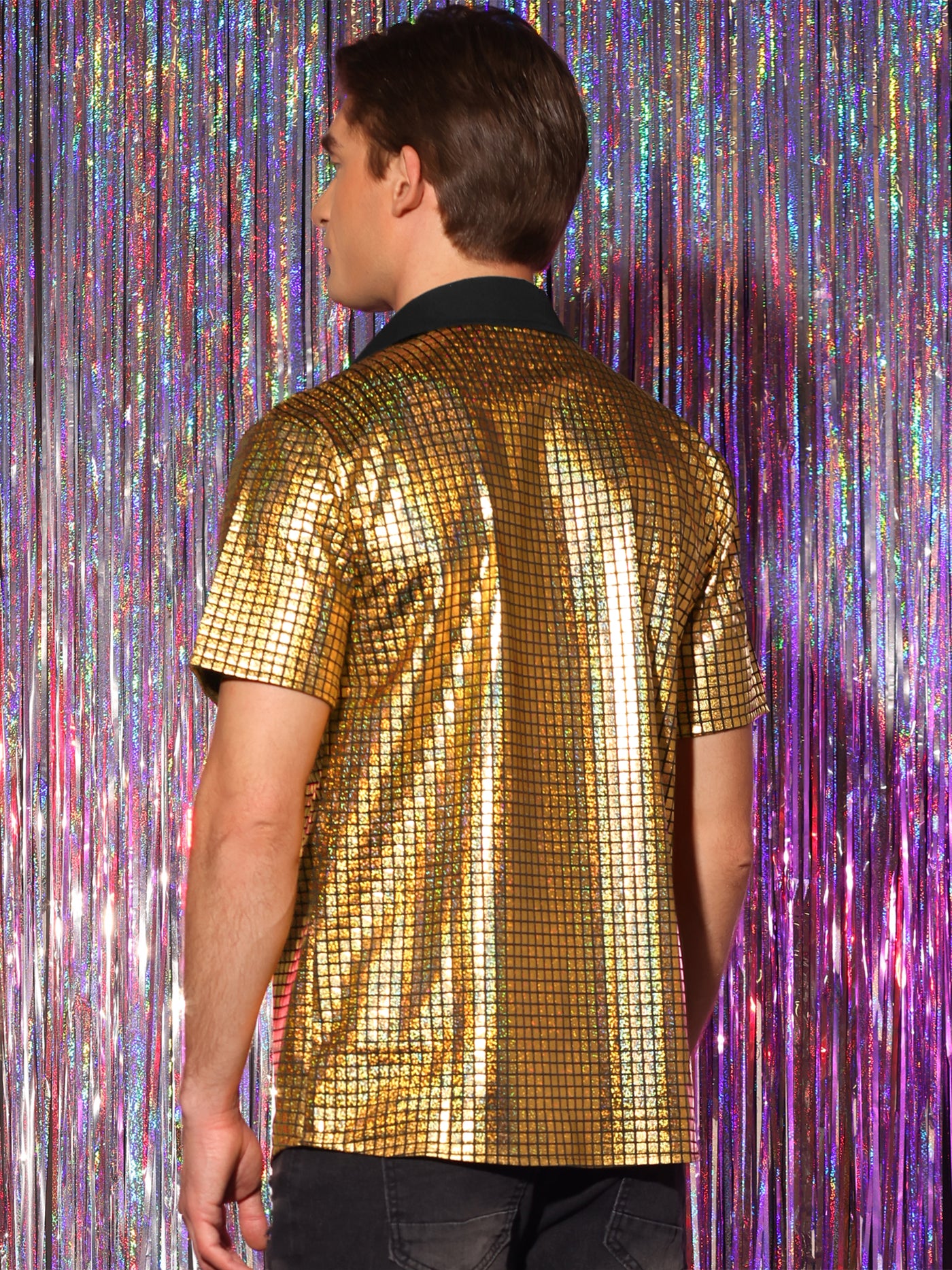 Bublédon Shiny Metallic Short Sleeves Button Down Party Disco Shirts