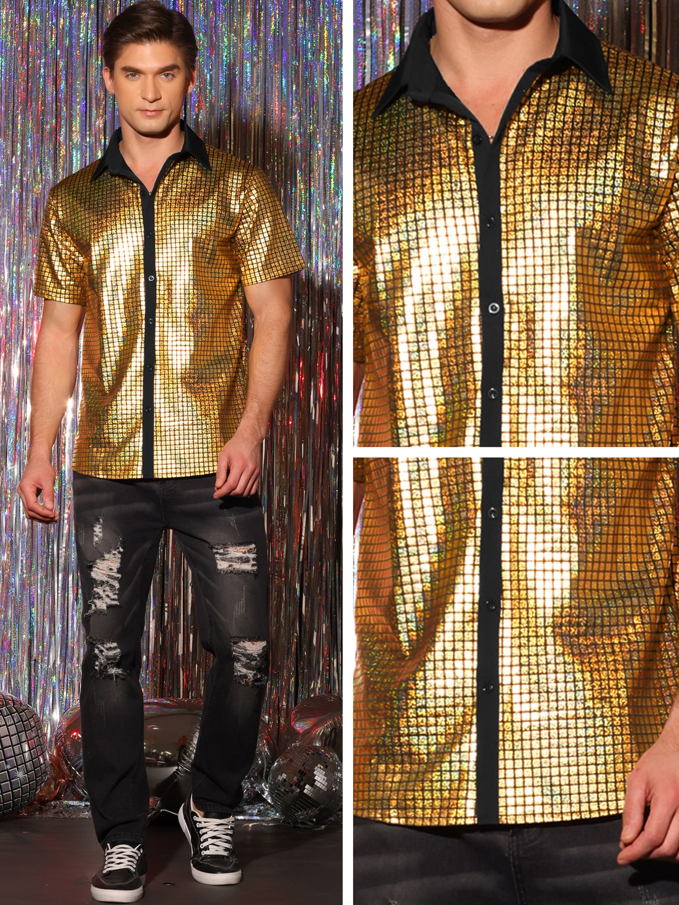 Bublédon Shiny Metallic Short Sleeves Button Down Party Disco Shirts