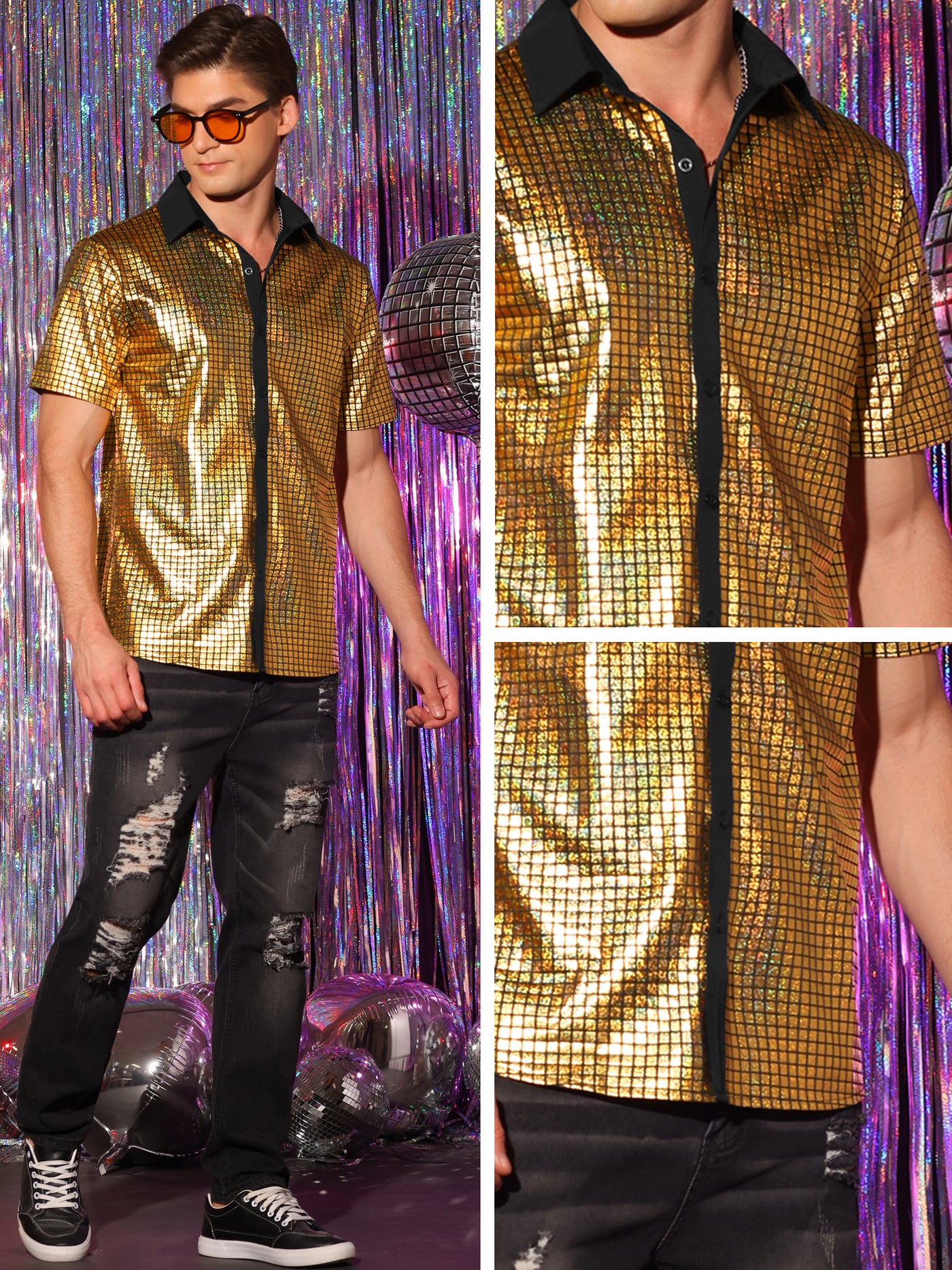 Bublédon Shiny Metallic Short Sleeves Button Down Party Disco Shirts