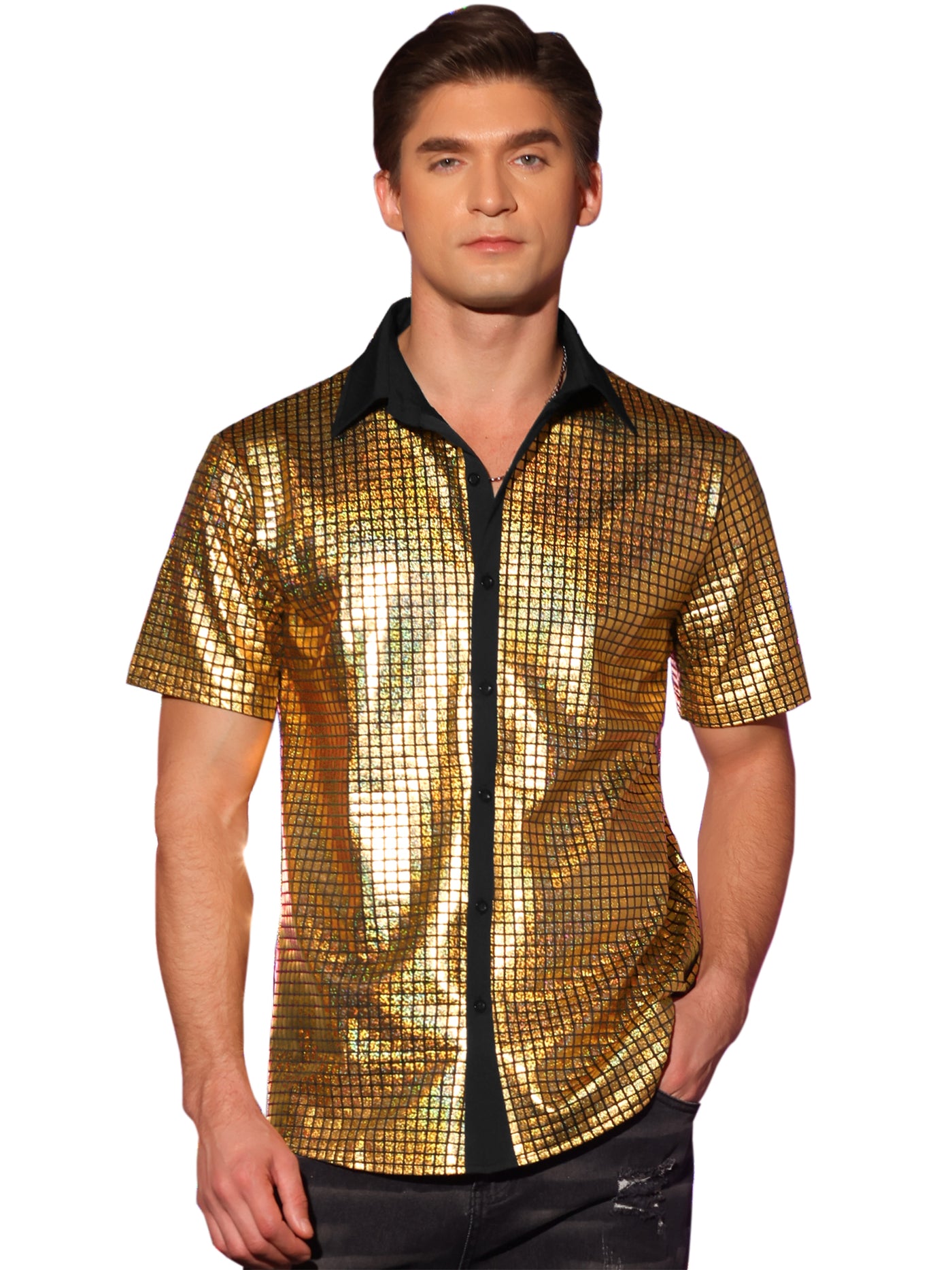 Bublédon Shiny Metallic Short Sleeves Button Down Party Disco Shirts