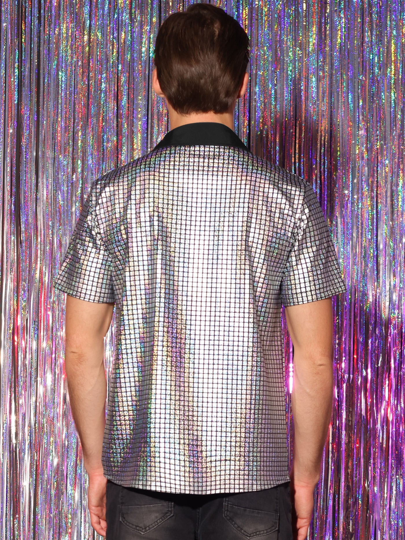 Bublédon Shiny Metallic Short Sleeves Button Down Party Disco Shirts