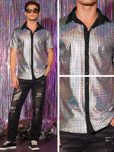 Shiny Metallic Short Sleeves Button Down Party Disco Shirts