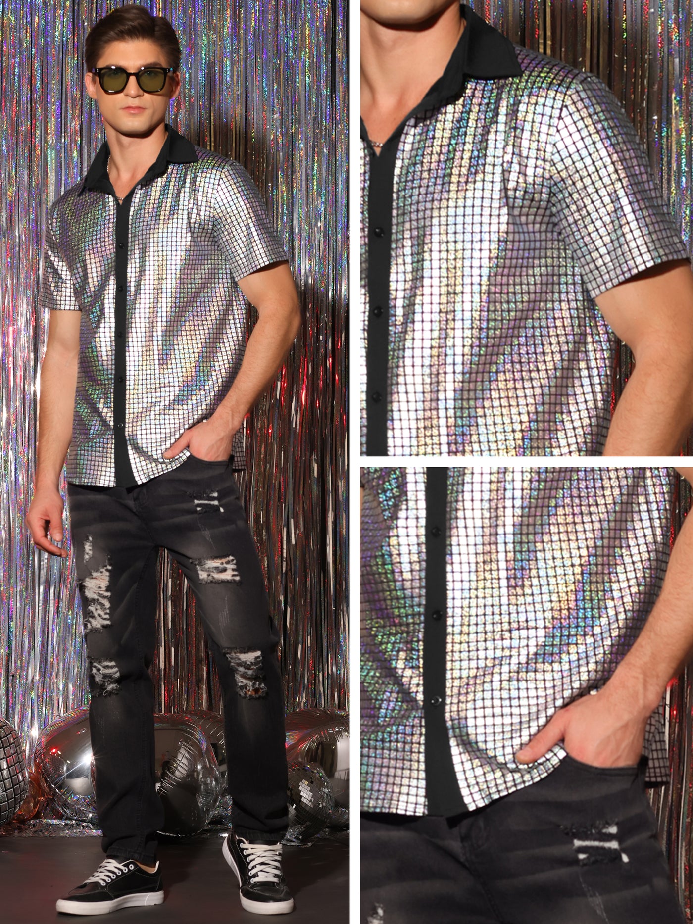 Bublédon Shiny Metallic Short Sleeves Button Down Party Disco Shirts