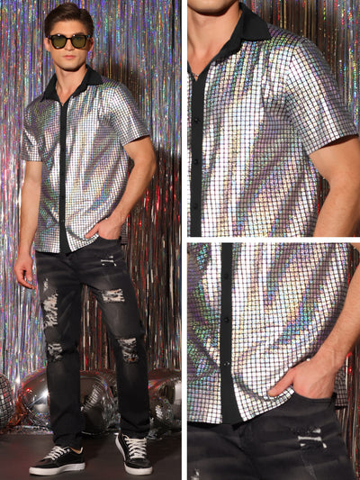 Shiny Metallic Short Sleeves Button Down Party Disco Shirts