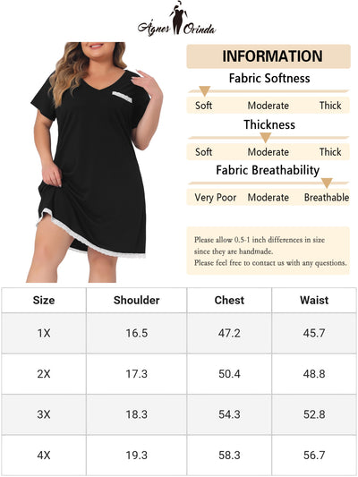 Plus Size Nightgown Sleepwear for Women Soft Sleepshirt Short Sleeve Lace Trim Pajama Nightshirt